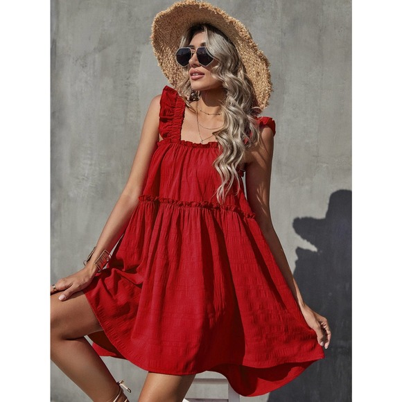Boho Frill Trim Ruffle Hem square neck Dress red - Picture 3 of 7